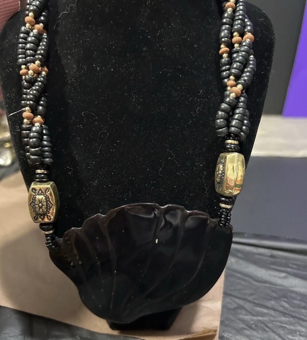 Rare Artsy Vintage Hand Carved Beaded Necklace Large Black Shell Pendant